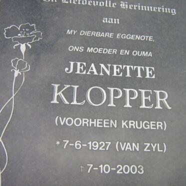 KLOPPER Jeanette, formerly KRUGER, nee VAN ZYL 1927-2003