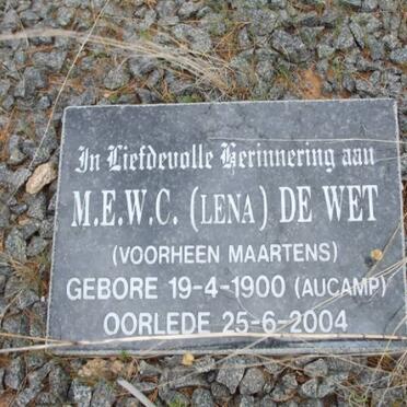 WET M.E.W.C., de, formerly MAARTENS, nee AUCAMP 1900-2004