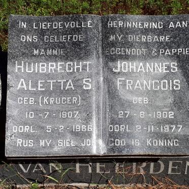 HEERDEN Johannes Francois, van 1902-1977 &amp; Huibrecht Aletta S. KRUGER 1907-1986