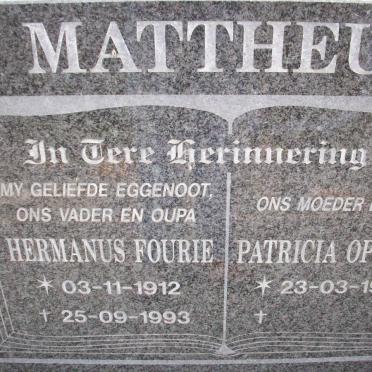 MATTHEUS Hermanus Fourie 1912-1993 &amp; Patricia Ophelia 1921-