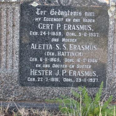 ERASMUS Gert P. 1859-1937 &amp; Aletta S.S. HATTINGH 1865-1966 :: ERASMUS Hester J.P. 1891-1937