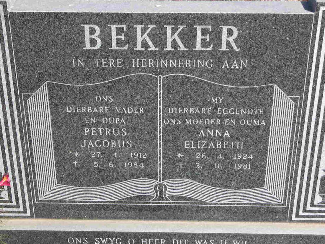 BEKKER Petrus Jacobus 1912-1984 &amp; Anna Elizabeth 1924-1981