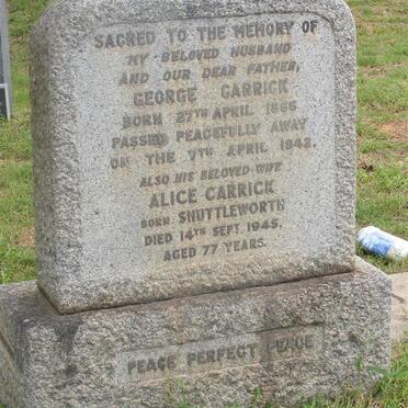 CARRICK George 1866-1942 &amp; Alice SHUTTLEWORTH -1945