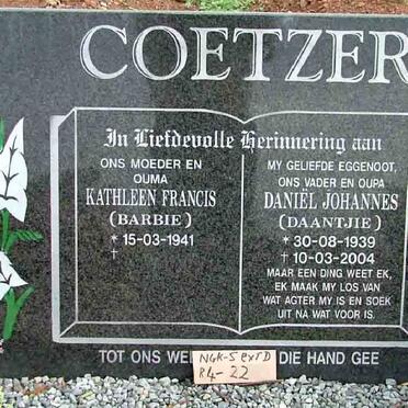 COETZER Daniel Johannes 1939-2004 &amp; Kathleen Francis 1941-