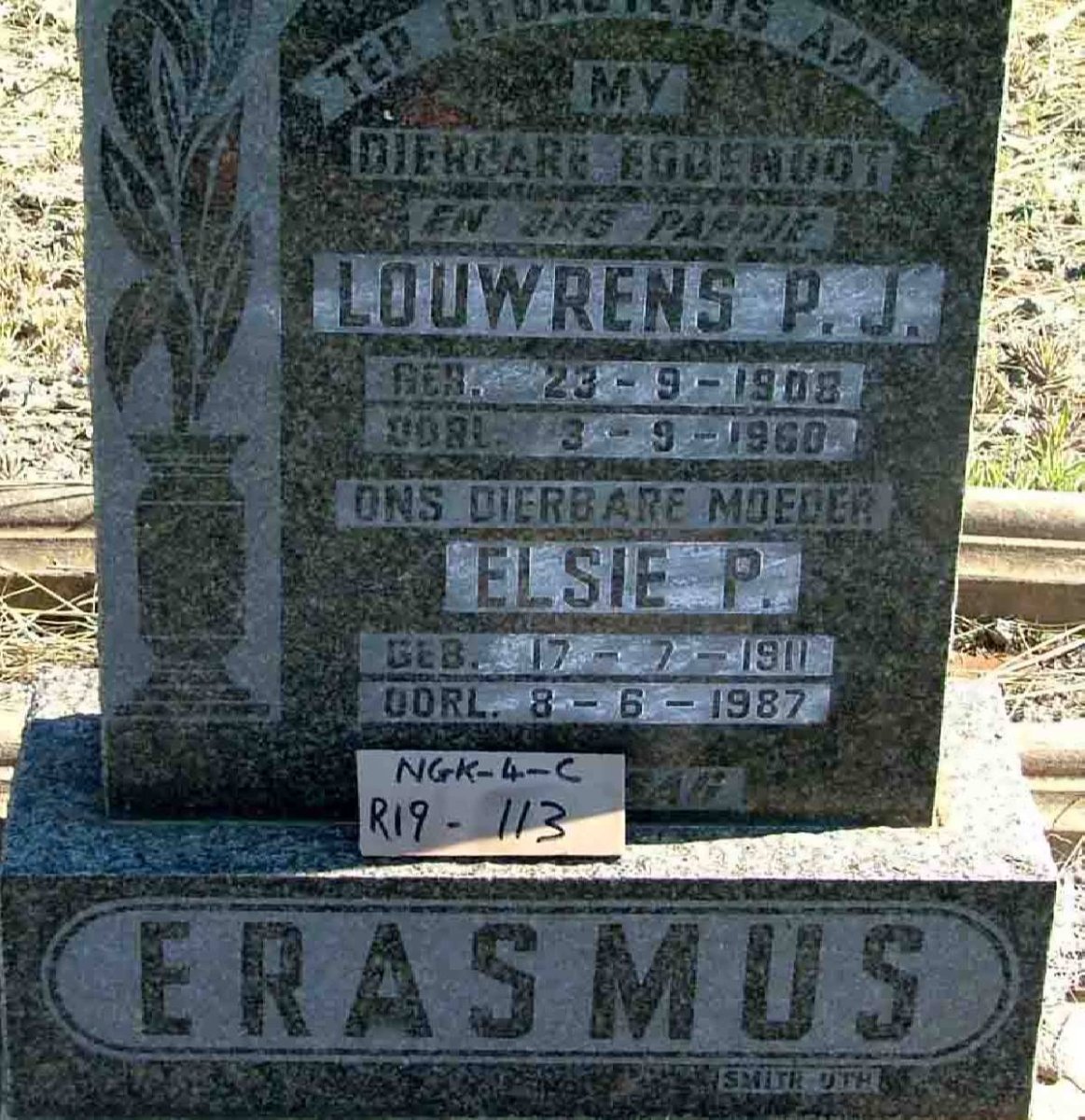 ERASMUS Louwrens P.J. 1908-1960 &amp; Elsie P. 1911-1987