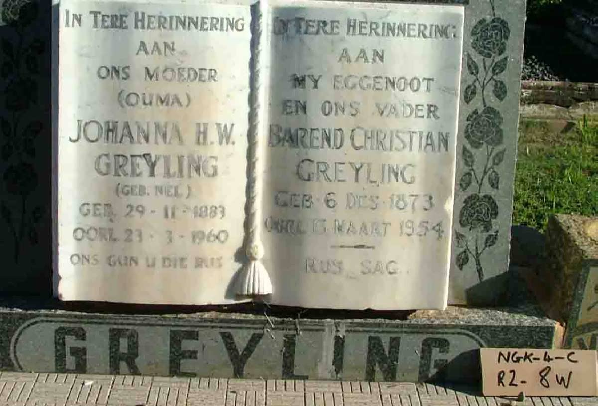 GREYLING Barend Christian 1873-1954 &amp; Johanna H.W. NEL 1883-1960