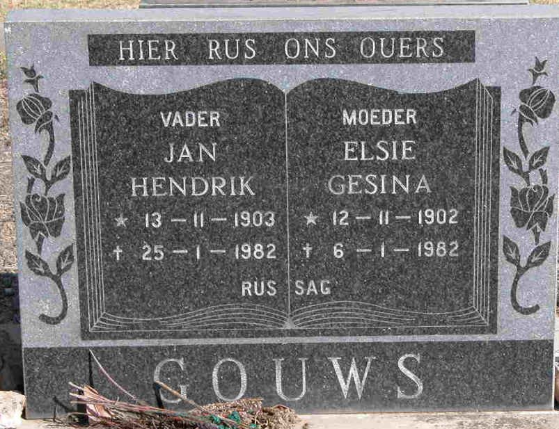 GOUWS Jan Hendrik 1903-1982 &amp; Elsie Gesina 1902-1982
