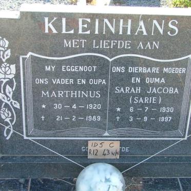 KLEINHANS Marthinus 1920-1989 &amp; Sarah Jacoba 1930-1997