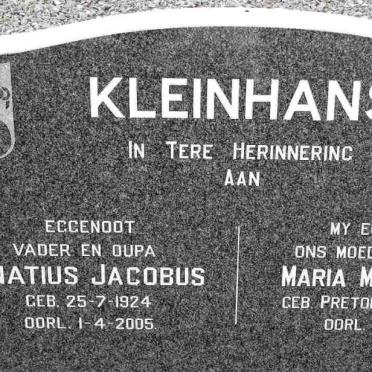 KLEINHANS Ignatius Jacobus 1924-2005 &amp; Maria Magdalena PRETORIUS 1924-1979