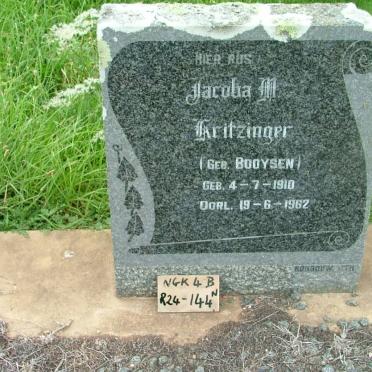 KRITZINGER Jacoba M. nee BOOYSEN 1910-1962