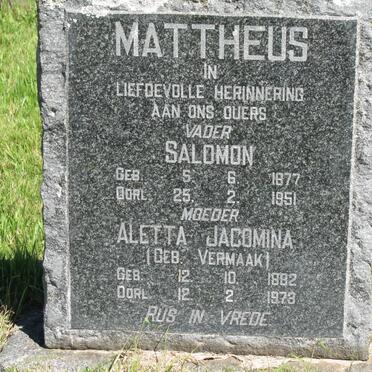 MATTHEUS Salomon 1877-1951 &amp; Aletta Jacomina VERMAAK 1882-1973