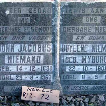NIEMAND John Jacobus 1890-1963 &amp; Doylene MYBURGH 1906-1969