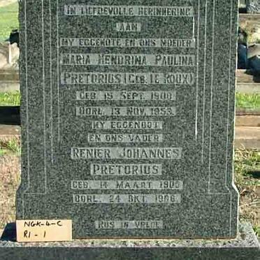 PRETORIUS Renier Johannes 1906-1966 &amp; Maria Hendrina Paulina nee LE ROUX 1908-1953