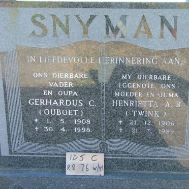 SNYMAN Gerhardus C. 1908-1998 &amp; Henrietta A.B. 1906-1989