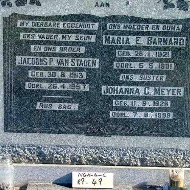 STADEN Jacobus P., van 1913-1957 &amp; Maria E. BARNARD 1921-1991 :: MEYER Johanna C. 1928-1999