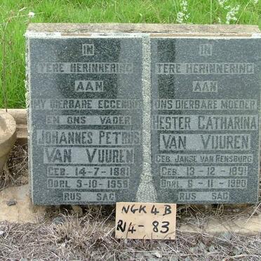VUUREN Johannes Petrus, van 1881-1958 &amp; Hester Catharina JANSE VAN RENSBURG 1891-1980