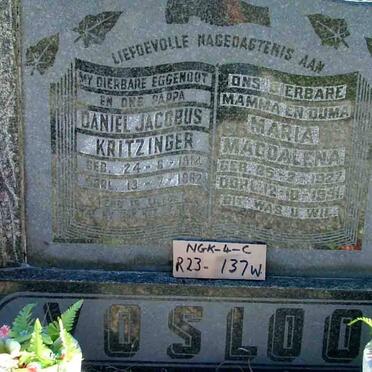 VOSLOO Daniel Jacobus Kritzinger 1914-1962 &amp; Maria Magdalena 1927-1991