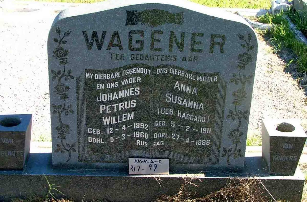 WAGENER Johannes Petrus Willem 1892-1960 &amp; Anna Susanna HAGGARD 1911-1986