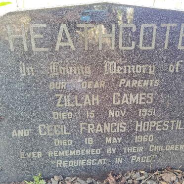 HEATHCOTE Cecil Francis Hopestill -1960 &amp; Zillah Games -1951