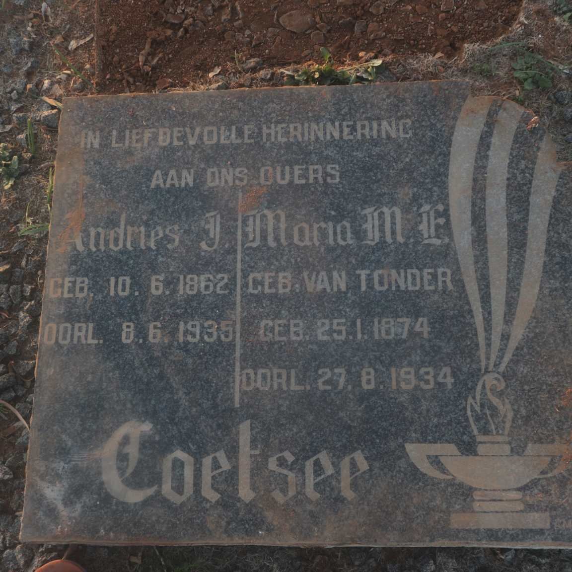 COETSER Andries J. 1862-1935 &amp; Maria M.E. VAN TONDER 1874-1934