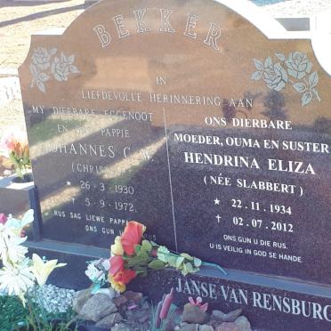 BEKKER Johannes C.W. 1930-1972 &amp; Hendrina Eliza JANSE VAN RENSBURG formerly BEKKER nee SLABBERT 1934-2012