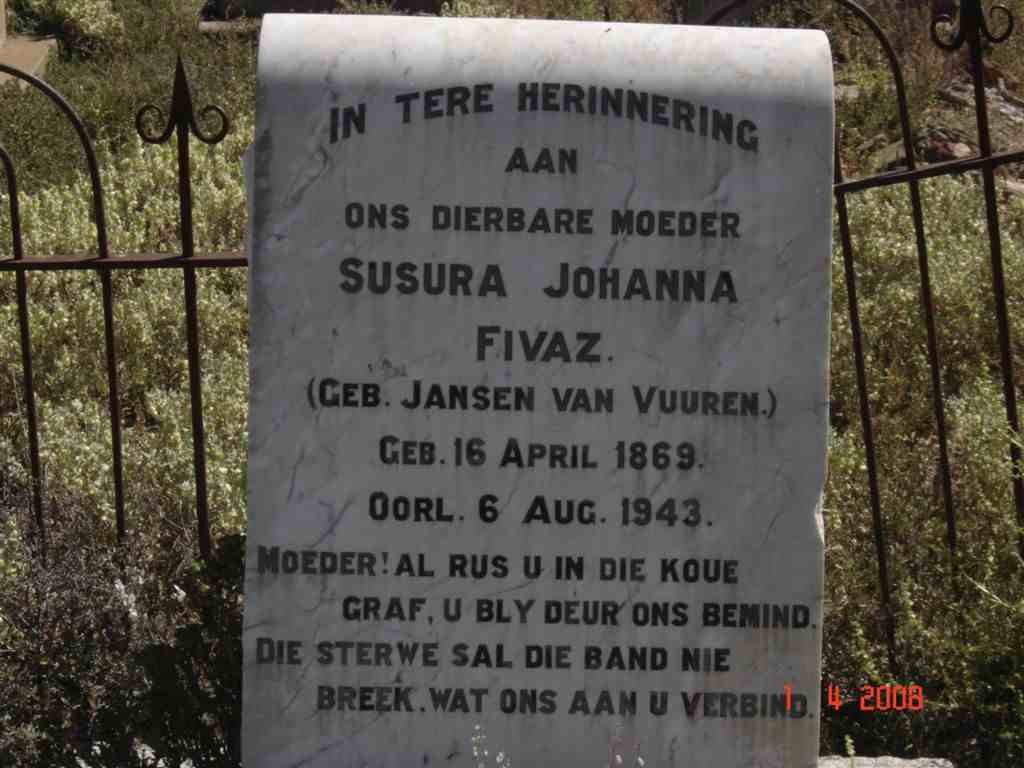 FIVAZ Susara Johanna nee JANSEN VAN VUUREN 1869-1943