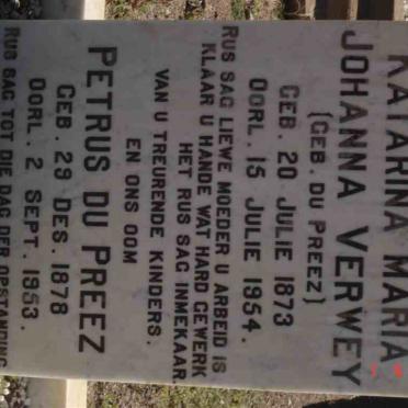 PREEZ Petrus, du 1878-1853 :: VERWEY Katarina Maria nee DU PREEZ 1873-1954