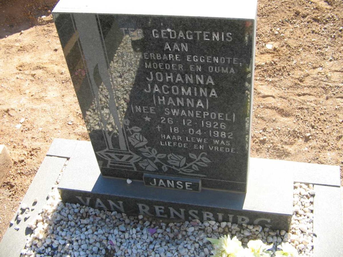 RENSBURG Johanna Jacomina, Janse van nee SWANEPOEL 1926-1982