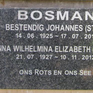 BOSMAN Bestendig Johannes 1925-2011 & Anna Wilhelmina Elizabeth 1927-2012