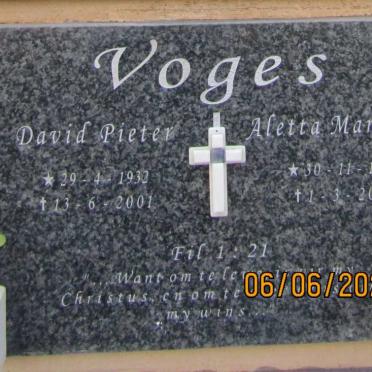 VOGES David Pieter 1932-2001 & Aletta Marianna 1935-2010
