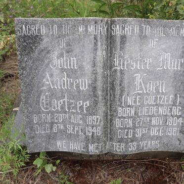 COETZEE John Andrew 1897-1948 &amp; Hester Maria KOEN formerly COETZEE nee LIEBENBERG 1904-1981