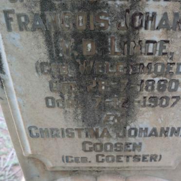 LINDE Francois Johannes, v.d. nee WELGEMOED 1860-1907 :: GOOSEN Christina Johanna nee COETSER 1854-1933