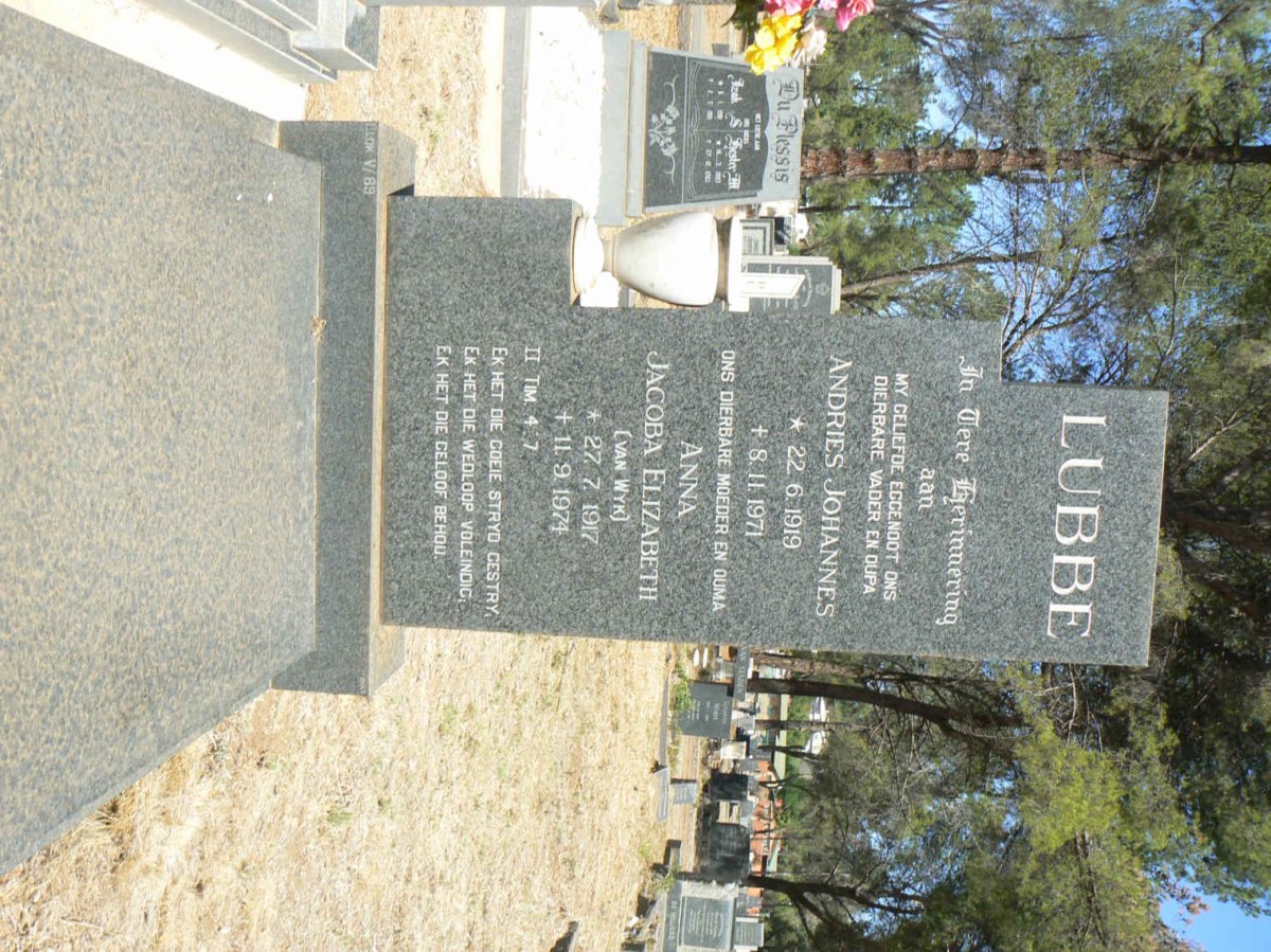 LUBBE Andries Johannes 1919-1971 & Anna Jacoba Elizabeth VAN WYK 1917-1974