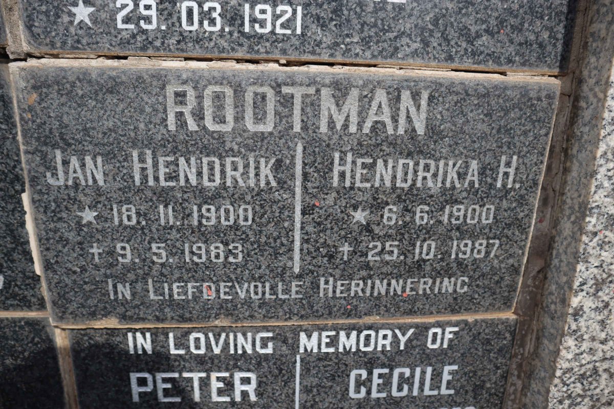 ROOTMAN Jan Hendrik 1900-1983 & Hendrika H 1900-1987