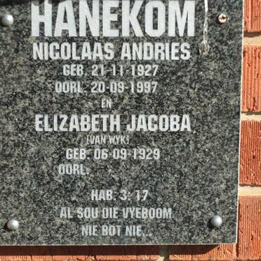 HANEKOM Nicolaas Andries 1927-1997 &amp; Elizabeth Jacoba VAN WYK 1929-