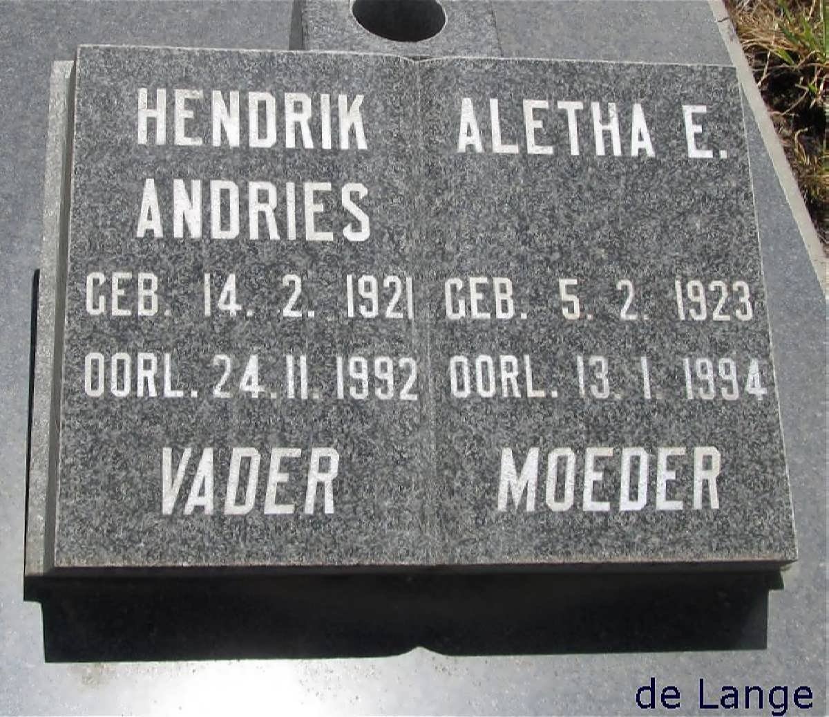 LANGE Hendrik Andries, de 1921-1992 &amp; Aletha E. 1923-1994