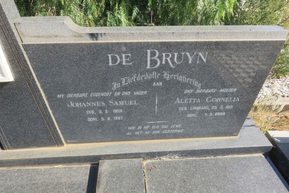 BRUYN Johannes Samuel, de 1906-1967 & Aletta Cornelia LOMBARD 1913-2009