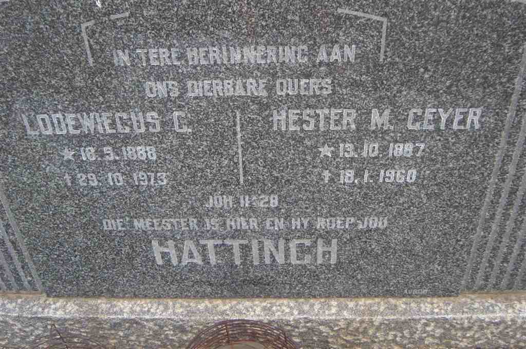 HATTINGH Lodewiecus C. 1888-1973 & Hester M. GEYER 1887-1960