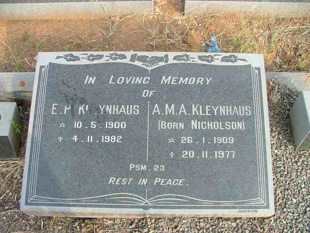 KLEYNHANS E.P. 1900-1982 & A.M.A. NICHOLSON 1909-1977