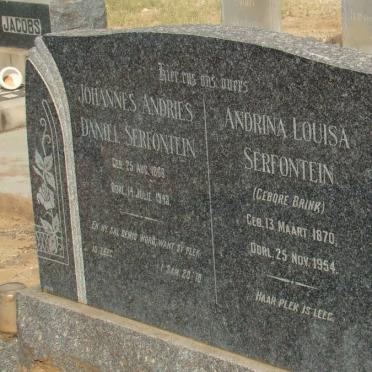 SERFONTEIN Johannes Andries Daniel 1866-1943 &amp; Andrina Louisa BRINK 1870-1954 