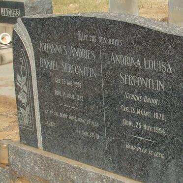 SERFONTEIN Johannes Andries Daniel 1866-1943 &amp; Andrina Louisa BRINK 1870-1954 