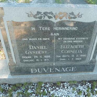 DUVENAGE Daniel Gysbert 1888-1971 &amp; Elizabeth Cornelia BRITZ 1886-1969