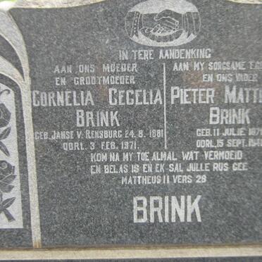 BRINK Pieter Matthias 1876-1945 &amp; Cornelia Cecelia JANSE V. RENSBURG 1881-1971