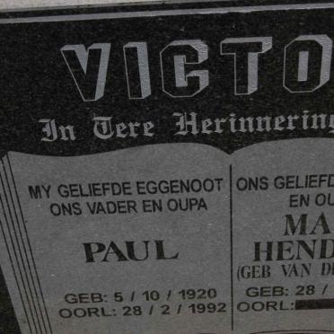 VICTOR Paul 1920-1992 &amp; Maria Hendrika VAN DER LINDE 1922-