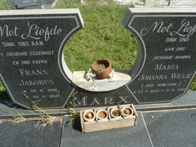 MARX Frans Jakobus 1938-1909 & Maria Johanna Willie HEWETSON 1940-2006