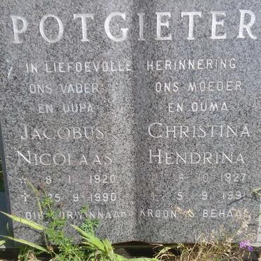 POTGIETER Jacobus Nicolaas 1920-1990 &amp; Christina Hendrina 1927-1991