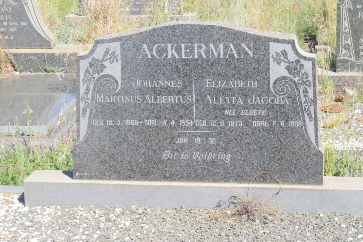 ACKERMAN Johannes Martinus Albertus 1869-1954 & Elizabeth Aletta Jacoba CLOETE 1873-1966