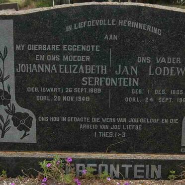 SERFONTEIN Jan Lodewyk 1885-1968 &amp; Johanna Elizabeth SWART 1889-1948
