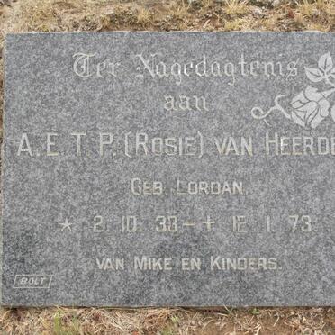 HEERDEN A.E.T.P., van nee LORDAN 1933-1973