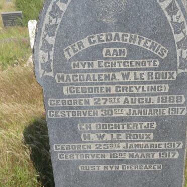 ROUX Magdalena W., le nee GREYLING 1888-1917 :: LE ROUX M.W. 1917-1917